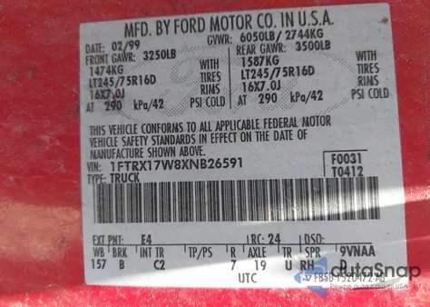 1999 Ford F-150 Lariat/Work Series/Xl/Xlt из США, поврежденный, VIN 1FTRX17W8XNB26591